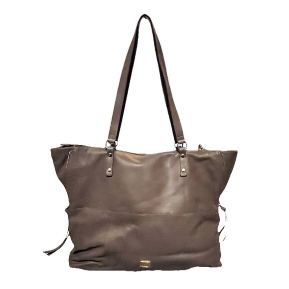 Kooba Leather Tote Bag Brown Zip Gusset Sides Expandable Front Pocket Shoulder - Picture 3 of 15